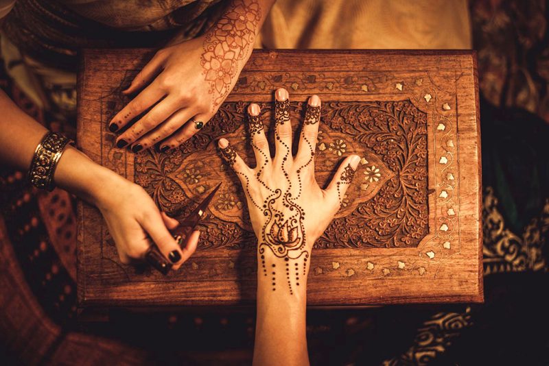 44495489 - drawing process of henna menhdi ornament on woman's hand
