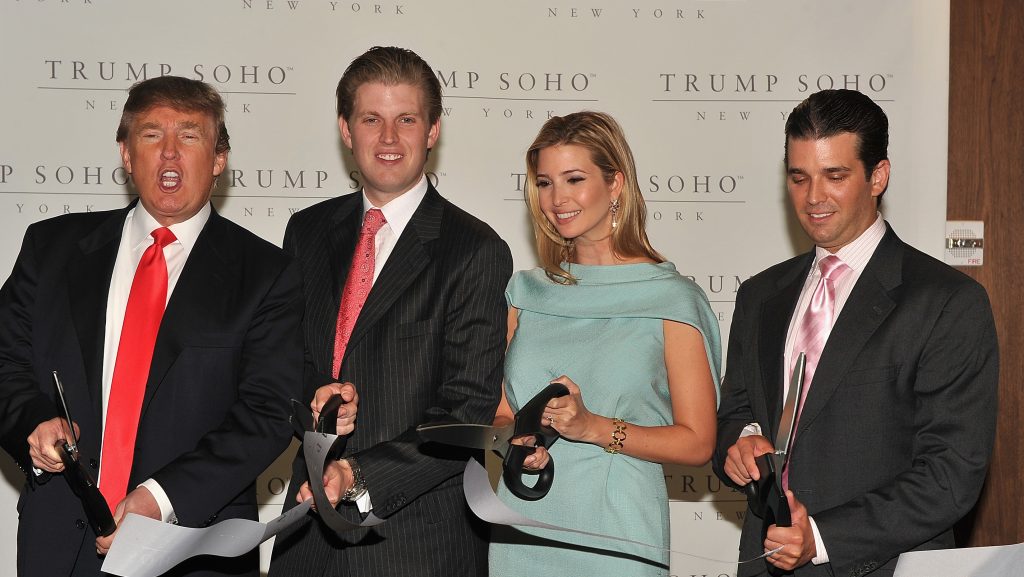 NEW YORK - APRIL 09: Donald Trump, Donald Trump Jr., Ivanka Trump and Eric Trump attend the ribbon cutting ceremony at the Trump SoHo on April 9, 2010 in New York City. (Photo by Theo Wargo/WireImage)