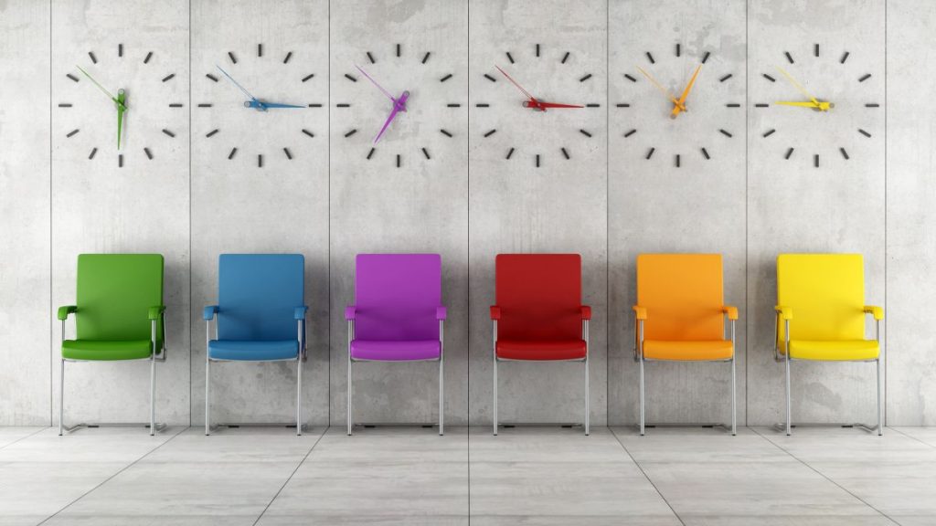 Waiting room with colorful chairs and clocks - rendering
