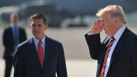 (FILES) This file photo taken on February 06, 2017 shows National Security Advisor Michael Flynn (L) and US President Donald Trump (R) upon arrival at MacDill Air Force Base in Tampa, Florida to visit the US Central Command and Specials Operations Command. 
The White House announced February 13, 2017 that Michael Flynn has resigned as President Donald Trump's national security advisor, amid escalating controversy over his contacts with Moscow. In his formal resignation letter, Flynn acknowledged that in the period leading up to Trump's inauguration: 