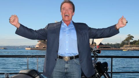 SYDNEY, AUSTRALIA - JUNE 04: Arnold Schwarzenegger poses during a 'Terminator Genisys' photo call at the Park Hyatt Sydney on June 4, 2015 in Sydney, Australia.  (Photo by Cameron Spencer/Getty Images)