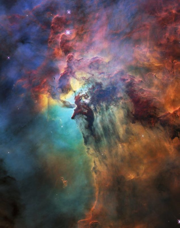 To celebrate its 28th anniversary in space the NASA/ESA Hubble Space Telescope took this amazing and colourful image of the Lagoon Nebula. The whole nebula, about 4000 light-years away, is an incredible 55 light-years wide and 20 light-years tall. This image shows only a small part of this turbulent star-formation region, about four light-years across. This stunning nebula was first catalogued in 1654 by the Italian astronomer Giovanni Battista Hodierna, who sought to record nebulous objects in the night sky so they would not be mistaken for comets. Since Hodiernaâs observations, the Lagoon Nebula has been photographed and analysed by many telescopes and astronomers all over the world. The observations were taken by Hubbleâs Wide Field Camera 3 between 12 February and 18 February 2018.