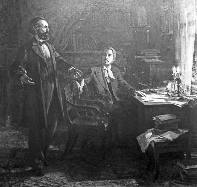 Marx and Engels Working on Manifesto of the Communist Party, by V. Polyakov. Reproduction. The Marx and Engels Museum of the Communist Party.
