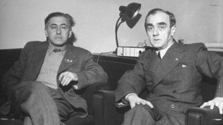 February 1946: Russian writer Ilya Ehrenburg (L) sitting with the President of the Hungarian-Russian cultural society.  (Photo by John Phillips/The LIFE Picture Collection/Getty Images)