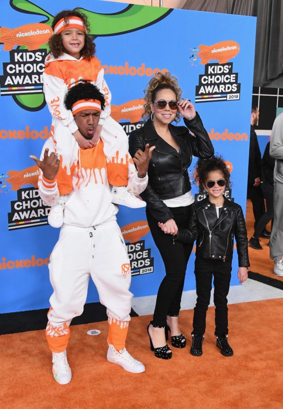 INGLEWOOD, CA - MARCH 24:  Nick Cannon (L) and Mariah Carey (C) with Moroccan Cannon and Monroe Cannon attend Nickelodeon's 2018 Kids' Choice Awards at The Forum on March 24, 2018 in Inglewood, California.  (Photo by Jon Kopaloff/FilmMagic)