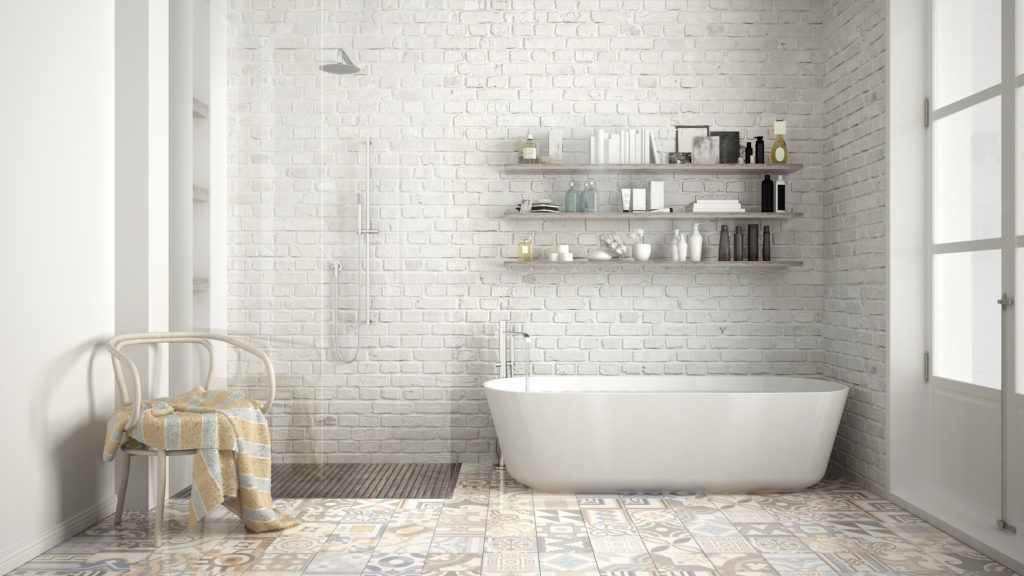 Scandinavian bathroom, classic white vintage interior designScandinavian bathroom, classic white vintage interior design