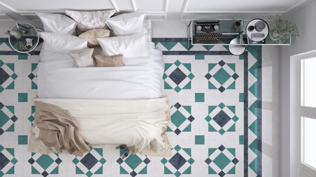 Classic bedroom, top view, with marble old vintage blue and turquoise tiles