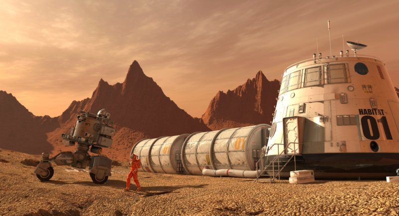 3D Illustration. Mars colony. Expedition on alien planet. Life on Mars.