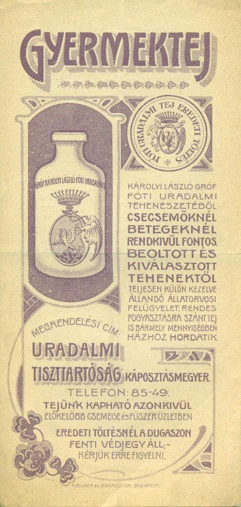 Gróf Károlyi László Fóti Uradalmi tehenészetéből való gyermektejet reklámozó számolócédula, tejesüveg ábrázolással, termékleírással, reklámszöveggel.