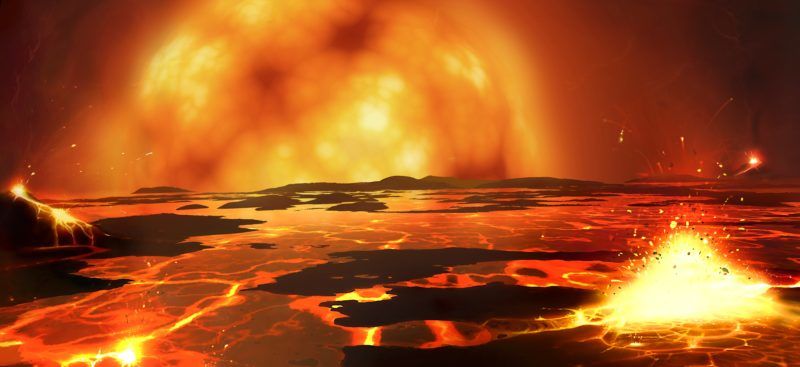 The Sun as a red giant. Earth begins to melt as the red-giant Sun swells and approaches our planet's orbit. Eventually the melting may penetrate throughout Earth's crust, leaving the planet molten from surface to core. The fate of the Earth is unclear. It may become engulfed by the Sun, or it may move to a safe orbit as the Sun sheds mass at the end of its life.