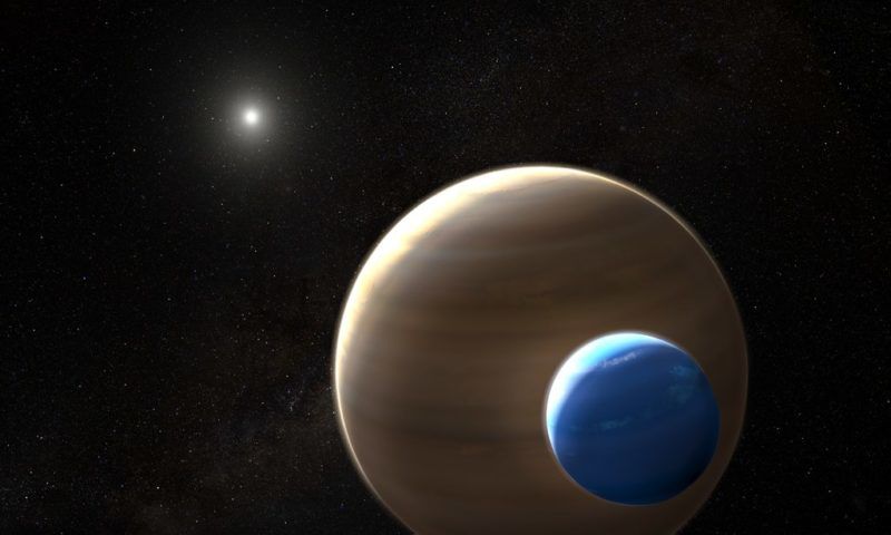 This artist’s impression depicts the exomoon candidate Kepler-1625b-i, the planet it is orbiting and the star in the centre of the star system. Kepler-1625b-i is the first exomoon candidate and, if confirmed, the first moon to be found outside the Solar System. Like many exoplanets, Kepler-1625b-i was discovered using the transit method. Exomoons are difficult to find because they are smaller than their companion planets, so their transit signal is weak, and their position in the system changes with each transit because of their orbit. This requires extensive modelling and data analysis.