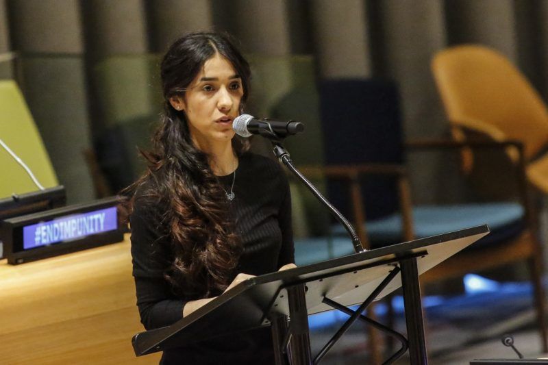 (FILES) In this file photo taken on March 9, 2017 Yazidi human rights activist Nadia Murad speaks as she attends 'The Fight against Impunity for Atrocities: Bringing Da'esh to Justice' at the United Nations Headaquarters in New York. Along with Congolese gynecologist Denis Mukwege, public advocate for the Yazidi community in Iraq and survivor of sexual enslavement by the Islamic State jihadist Nadia Murad was awarded the 2018 Nobel Peace Prize on October 5, 2018. / AFP PHOTO / KENA BETANCUR