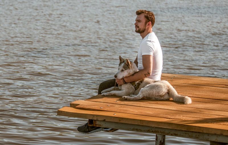 Side view of man embracing Husky dog while sitting on wooden pier above calm water and thinking