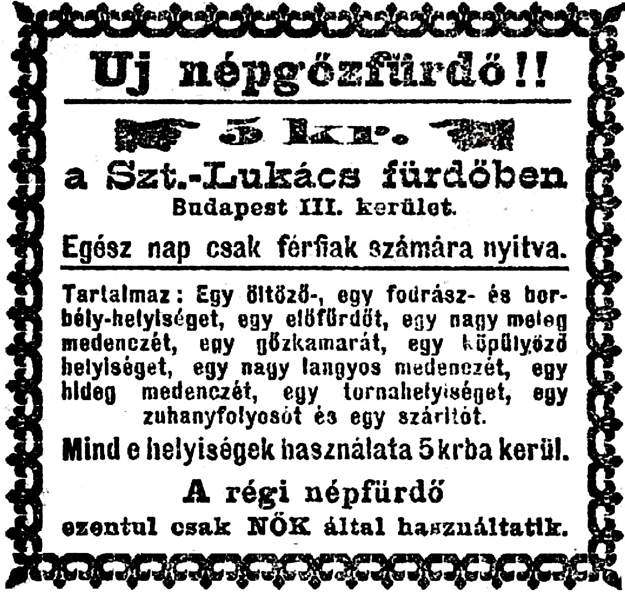 A fürdő hirdetése a Népszava 1895. június 29-i számában.