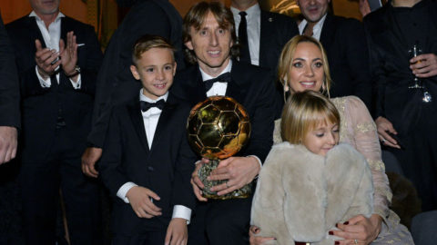 PARIS, FRANCE - DECEMBER 03:  Luka Modric of Croatia and Real Madrid poses with his wife Vanja Bosnic and their children Ivano and Ema after he won the 2018 Ballon D'Or at Le Grand Palais on December 3, 2018 in Paris, France.  (Photo by Aurelien Meunier/Getty Images)
